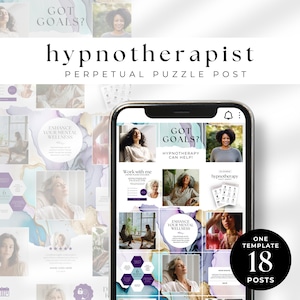 Aesthetic Instagram puzzle for hypnotherapy, Canva Template Seamless Grid Post Perpetual Layout, Hypnosis DIY Branding Purple Alcohol Ink PP