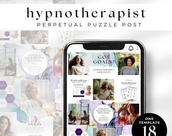 Aesthetic Instagram puzzle for hypnotherapy, Canva Template Seamless Grid Post Perpetual Layout, Hypnosis DIY Branding Purple Alcohol Ink PP