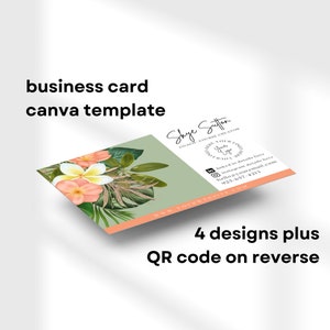 Business Card Template Tropical Flowers, QR Code link, Green & Peach Canva Template for Coaches and Small Businesses, DIGITAL DOWNLOAD