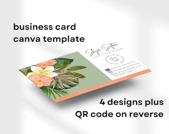 Modello per biglietto da visita con fiori tropicali, link al codice QR, modello Canva verde e pesca per coach e piccole imprese, DOWNLOAD DIGITALE