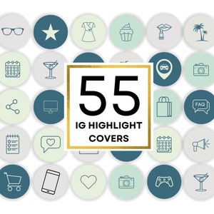 Instagram Highlight Covers Minimal Icons Teal, Green, Grey, Bundle of 55 in Canva template, IG Highlights with Icons, Solid Color Highlights