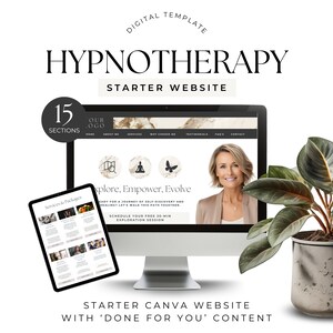 May include: A digital template for a hypnotherapy starter website. The template features 15 sections, including home, about me, services, why choose me, testimonials, FAQs, and contact. The website design is modern and minimalist, with a marble background and a calming colour palette. The text "Explore, Empower, Evolve" is featured prominently on the website.