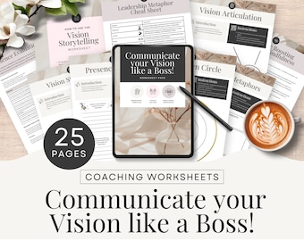 May include: A set of 25 printable coaching worksheets for communicating your vision like a boss. The worksheets include topics like vision storytelling, presence, vision articulation, leadership metaphors, and boosting mindfulness. The worksheets are designed to help you communicate your vision effectively and confidently.