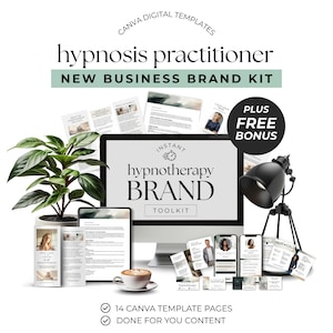 Hypnosis Practitioner New Business Brand Kit Biz Basics Set Up Bundle Canva Templates Social Media Posts Link in Bio Trifold Leaflet