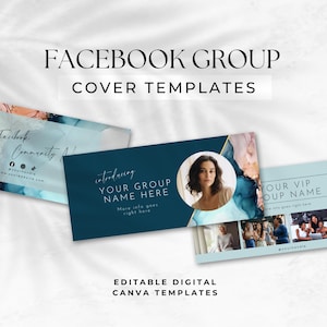May include: A selection of Facebook Group Cover Templates. The text reads "FACEBOOK GROUP COVER TEMPLATES" and "EDITABLE DIGITAL CANVA TEMPLATES". The templates use a teal and gold colour scheme and include a photo of a woman.