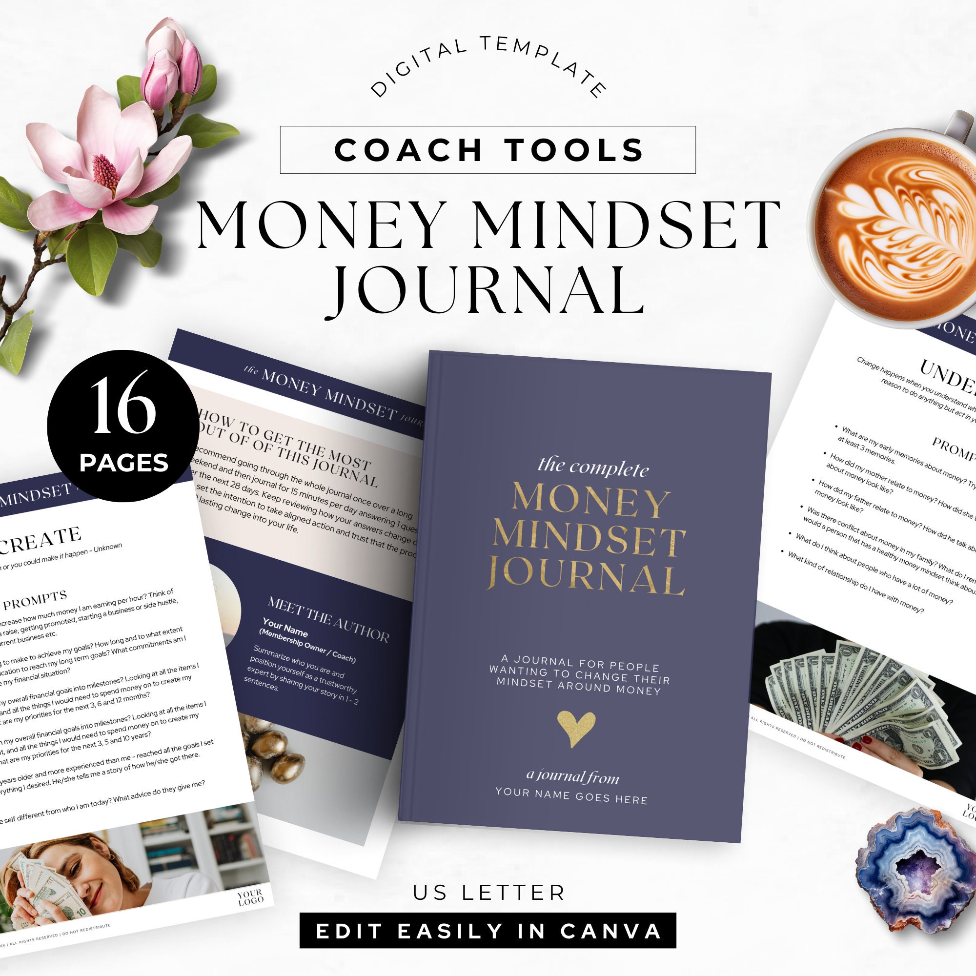Money Mindset Journal Done for You Freebie Lead Magnet Playbook ebook Canva Template DIGITAL Download US Letter Navy Blue Gold DFY BL03