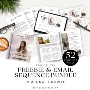 May include: A collection of marketing materials for personal growth, including a book cover, a tablet screen, and several printed pages. The text includes "Freebie & Email Sequence Bundle" and "Personal Growth". The image features a cup of coffee, glasses, and a pen.