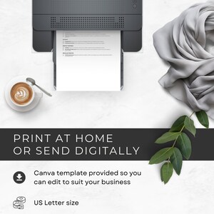 May include: A printer printing a document on US Letter size paper. A cup of coffee with latte art and a spoon are on the left. The text "PRINT AT HOME OR SEND DIGITALLY" is at the bottom. A gray scarf and green leaves are on the right.