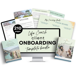 Könnte beinhalten: Ein Computerbildschirm zeigt eine grün-weiße Grafik mit dem Text "Life Coach client ONBOARDING Template bundle". Der Bildschirm ist von verschiedenen Dokumenten umgeben, darunter ein Willkommensbrief, eine Coaching-Vereinbarung, ein Kundenaufnahmeformular und Vorlagen für Vision Boards. Die Dokumente sind alle in einem hellgrünen und weißen Farbschema gehalten.