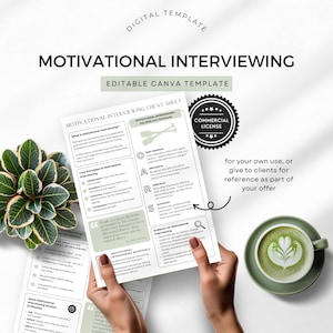 May include: A digital template for Motivational Interviewing, featuring a cheat sheet with key skills and techniques. The design includes text and graphics, with a commercial license. A cup of matcha latte and a plant are also visible.