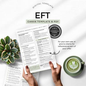 Könnte beinhalten: Ein druckbares EFT-Spickzettel mit einer kommerziellen Lizenz. Das Blatt enthält wichtige Techniken und Übungen für die Emotional Freedom Technique, die Grundprinzipien von EFT, Tipps zum Üben von EFT-Tapping und eine tägliche EFT-Schnellroutine.