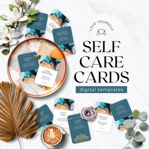 May include: A set of digital self-care cards with blue and gold watercolour backgrounds. The cards feature phrases like "Wishing Well", "Echo Breathing", "Foot Care", "Sound Bath", "Present Focus", and "Goal Setting".