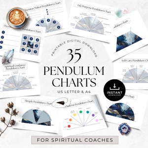 Può includere: Un set di 35 carte di pendolo stampabili disponibili per il download digitale. Le carte sono progettate per coach spirituali e presentano vari temi, tra cui il processo decisionale, lo scopo della vita, l'auto-cura, la guida spirituale, i chakra e una semplice carta sì/no. Le carte hanno uno schema di colori blu e grigio con accenti dorati.