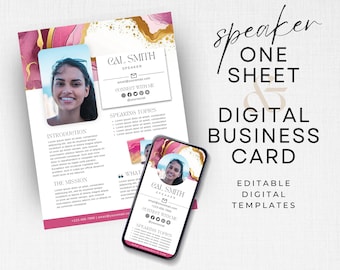 Speaker One sheet bio Coach profile Facebook Group Speaker Podcast guest DIGITAL business card Canva template Pink Gold INSTANT DOWNLOAD