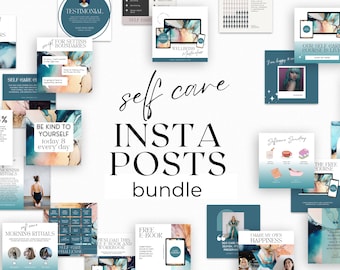 Self Care Insta Posts Canva Template For Coaches Course Creators Therapist Instagram IG Feed Social Media Teal Gold Moody Alcohol Ink Bundle