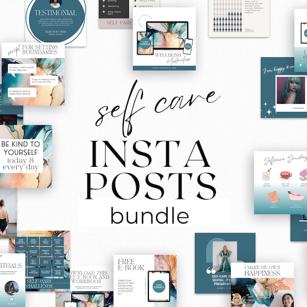 Self Care Insta Posts Canva Template For Coaches Course Creators Therapist Instagram IG Feed Social Media Teal Gold Moody Alcohol Ink Bundle