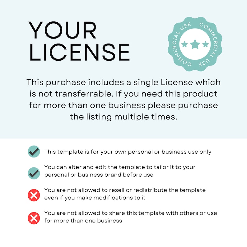 May include: A digital illustration of a licence agreement for a single-use commercial template. The text states that the template is for personal or business use only and cannot be resold or redistributed. It also states that the template cannot be shared with others or used for more than one business.