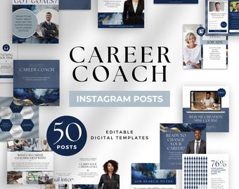 Puede incluir: Un collage de imágenes que promocionan un servicio de coaching profesional. Las imágenes presentan texto como "Career Coach", "Got Goals?", "Improve Your Interview Skills", "Ready to Change Your Career?", "Job Ads", "Resume Creation Mini Course", y "Job Search Myths". Las imágenes están en un esquema de color azul y dorado.