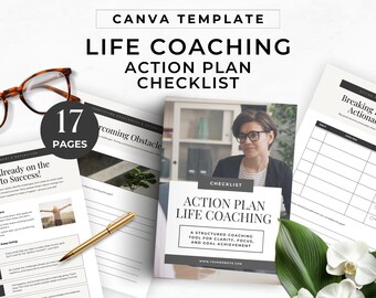 Modelo de plano de ação de coaching Planilha de definição de metas Ferramentas de desenvolvimento de clientes Recursos de coaching Modelo Canva editável profissional