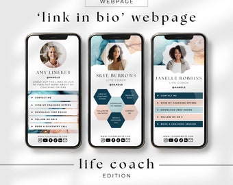 Life Coach Link in Bio, Canva Template Editable, One page Web page with Multi Links, No Domain required, Coaching Business Branding Teal