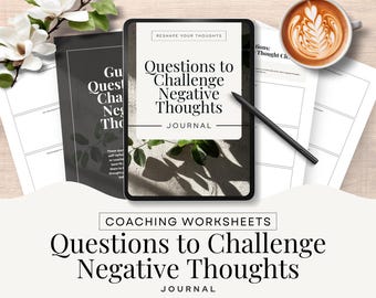Challenge Negative Thoughts Journal for Therapy Mental Health tool Self Reflection Socratic Question Prompts CBT Worksheet Editable Handout