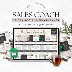 Pode incluir: Um ecrã de computador portátil que mostra um planeador digital para marketing de mídia social. O planeador é intitulado "Sales Coach 28 Days of Socials" e inclui uma variedade de modelos para postagens do Instagram. O computador portátil está rodeado por outros materiais de marketing digital, incluindo um calendário, uma planilha e vários modelos de postagens do Instagram.