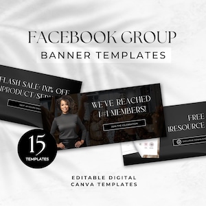 Facebook-bannermall Livscoach FB-gruppomslagspaket Sociala medier-profil Redigerbar marknadsföring Canva-mall Mörk modern estetik