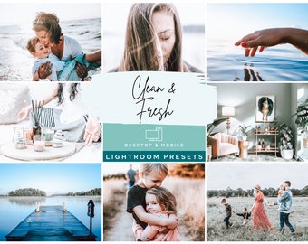 May include: A collage of images showcasing the "Clean & Fresh" Lightroom presets for desktop and mobile. The images feature a variety of subjects, including families, nature, and interior design.