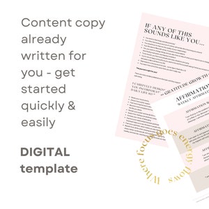 May include: A pink and white digital printable template with the text "Content copy already written for you - get started quickly & easily DIGITAL template" and "IF ANY OF THIS SOUNDS LIKE YOU..." followed by a list of bullet points. The template is titled "Gratitude Growth Affirmations".