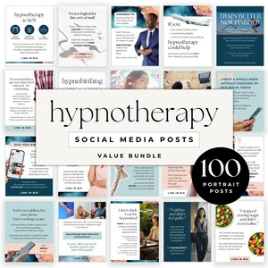 May include: A bundle of 100 portrait-oriented social media posts on a white background, featuring the word "hypnotherapy" in black. The posts contain text and images, covering diverse topics related to hypnotherapy. The bundle is designed for social media.