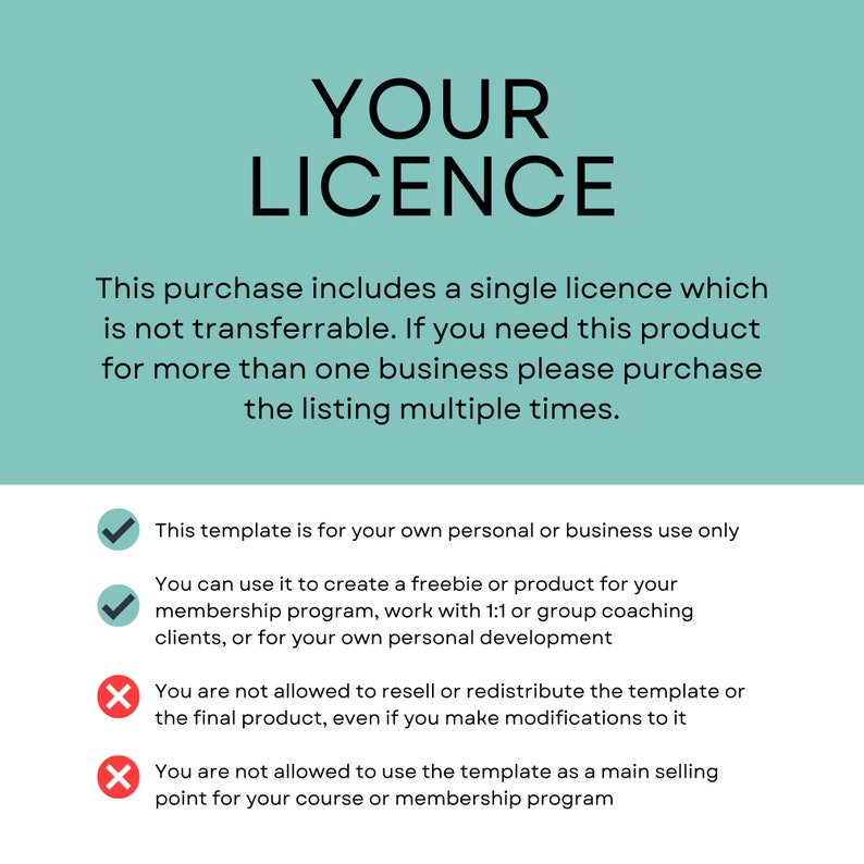 K&ouml;nnte beinhalten: Eine gr&uuml;ne und wei&szlig;e Grafik mit dem Text "YOUR LICENCE" in Schwarz. Die Grafik listet die Nutzungsbedingungen f&uuml;r ein digitales Produkt auf. Die Bedingungen beinhalten, dass das Produkt nur f&uuml;r den pers&ouml;nlichen oder gesch&auml;ftlichen Gebrauch bestimmt ist, zur Erstellung eines Werbegeschenks oder Produkts f&uuml;r ein Mitgliedschaftsprogramm verwendet werden kann und weder weiterverkauft noch weitergegeben werden darf.