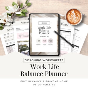 May include: A digital tablet displaying a worksheet set for a work-life balance planner. The worksheet set includes a workbook template, coach helper, and additional resources. The text "Work Life Balance Planner" is displayed on the tablet screen. The tablet is on a wooden surface with a cup of coffee and a pen.