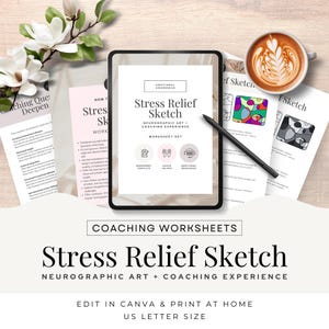 May include: A digital download of a printable worksheet set for stress relief. The set includes a worksheet template, a coach helper, and additional resources. The worksheet set is titled "Stress Relief Sketch: Neurographic Art + Coaching Experience". The image also shows a cup of coffee, a pen, and a flower.