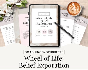 Modelo de planilha de coaching Canva, Exploração de crenças da Roda da Vida, Revelação de crenças limitantes ou obsoletas, Recursos para coaches, CW1 editável