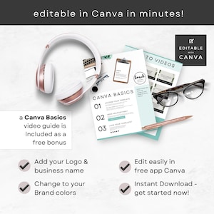 May include: Editable Canva template featuring a pink and white headset, a pen, and glasses. The template includes a checklist of steps for accessing, editing, and customising a Canva template. The text "Canva Basics" and "To Videos" are visible on the template. The text "Editable with Canva" is in a white box with a tick.