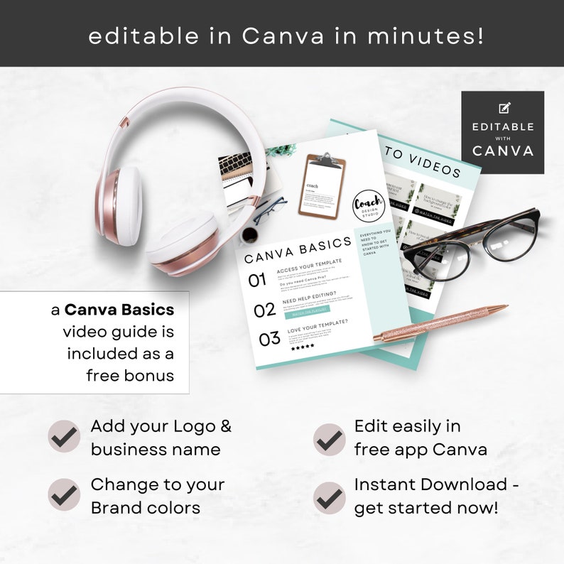 May include: Editable Canva template featuring a pink and white headset, a pen, and glasses. The template includes a checklist of steps for accessing, editing, and customising a Canva template. The text "Canva Basics" and "To Videos" are visible on the template. The text "Editable with Canva" is in a white box with a tick.