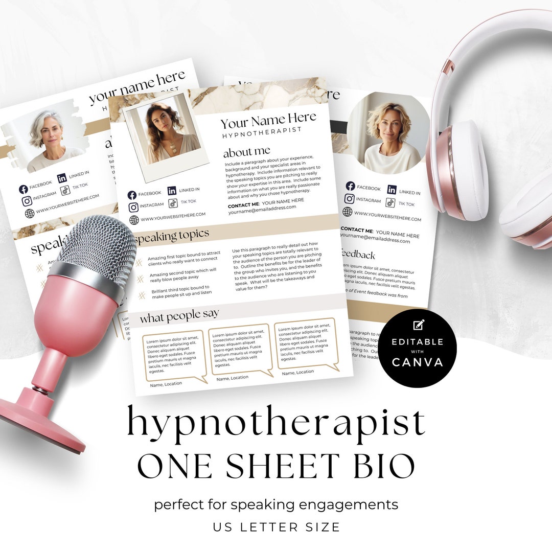 Scheda biografica per oratore ipnoterapeuta, modello Canva