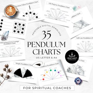 Può includere: Un download digitale di 35 grafici di pendolo stampabili per coach spirituali. I grafici sono progettati su uno sfondo di marmo bianco con linee nere e testo. Il testo include "Download digitale stampabile", "35 grafici di pendolo", "US Letter & A4" e "Download istantaneo".