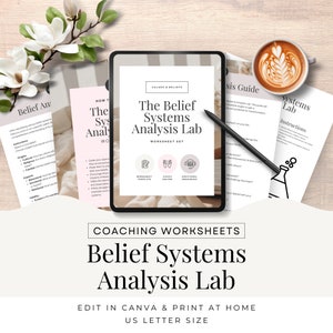 May include: A digital coaching worksheet set titled "The Belief Systems Analysis Lab" with a pink, white, and grey colour scheme. The worksheet set includes a worksheet template, coach guide, and additional resources. The text "Coaching Worksheets" is displayed in a black font on a white background.