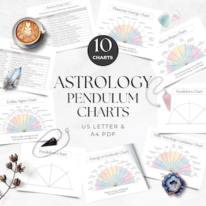 May include: A collection of 10 astrology pendulum charts in US Letter and A4 PDF formats. The set includes various diagrams featuring planetary energy, moon phases, zodiac signs, and guidance charts, accompanied by crystals and a coffee cup.