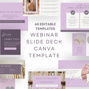 Puede incluir: Un conjunto de 60 plantillas Canva editables para una presentación de diapositivas de seminario web. Las plantillas presentan un fondo morado claro con texto blanco y acentos florales. Los textos "60 plantillas editables" y "Plantilla de presentación de diapositivas de seminario web Canva" se muestran en un tamaño de fuente grande.