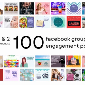 May include: A collage of 18 colourful square images with text prompts for social media engagement. The text includes questions and prompts for users to respond to. The text "Vol 1 & 2 COMBINED BUNDLE 100 facebook group engagement posts" is in large black text at the top of the collage.