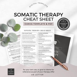 May include: A printable cheat sheet for somatic therapy, a body-centered approach to healing that focuses on the connection between the body and mind. The sheet includes a description of somatic therapy, core principles, techniques and exercises, and tips for practicing somatic therapy. The sheet is designed for therapists to use with clients or for personal use.