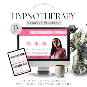 Puede incluir: Una plantilla digital para un sitio web de hipnoterapia. La plantilla presenta un esquema de color rosa y dorado con un diseño moderno. El texto "Explorar, Empoderar, Evolucionar" se muestra en la vista previa del sitio web. La plantilla incluye 15 secciones y un paquete de contenido "Hecho para ti".