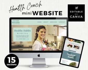 Health Coach Canva Website Template, Coaching Landing Page, Wellness Exercise Wellbeing & Nutrition Guidance, Clean Green and Teal Aesthetic