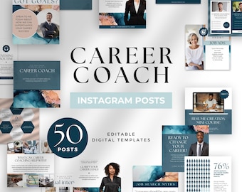 Career Coach Social Media Insta Posts Canva Template Instagram Career Transition Coaching  IG Feed Work Progression Promo Bundle Teal Peach