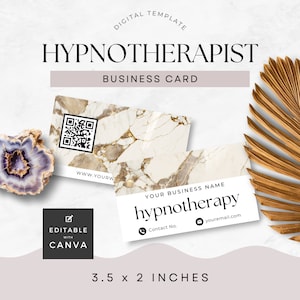 Könnte beinhalten: Eine digitale Vorlage für eine Visitenkarte für einen Hypnotherapeuten. Die Karte hat einen Marmorhintergrund mit goldenen Akzenten und den Text "hypnotherapy" in Schwarz. Die Karte ist 3,5 x 2 Zoll groß.