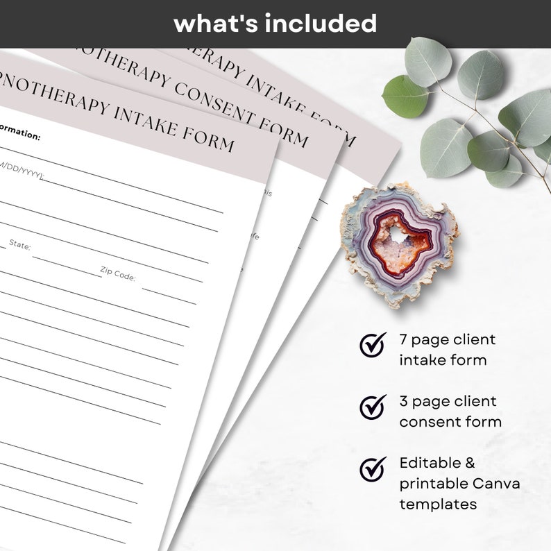 May include: A set of printable Canva templates for a 7-page client intake form and a 3-page client consent form. The forms are editable and printable.