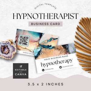 May include: A digital template for a Hypnotherapist business card. The card features a watercolor design with teal, gold, and peach tones. The card is 3.5 x 2 inches and includes the text "hypnotherapy".