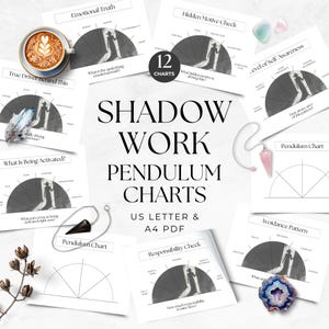 May include: A selection of white printed shadow work charts, a pendulum, crystals, and a coffee cup. The charts feature text like "Emotional Truth" and "Hidden Motive Check". The words "Shadow Work Pendulum Charts" are clearly visible.